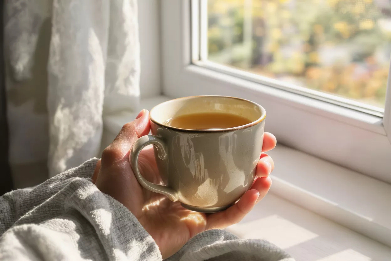 Cozy Morning Coffee by Window Hands holding a warm mug of coffee by a sunlit window.