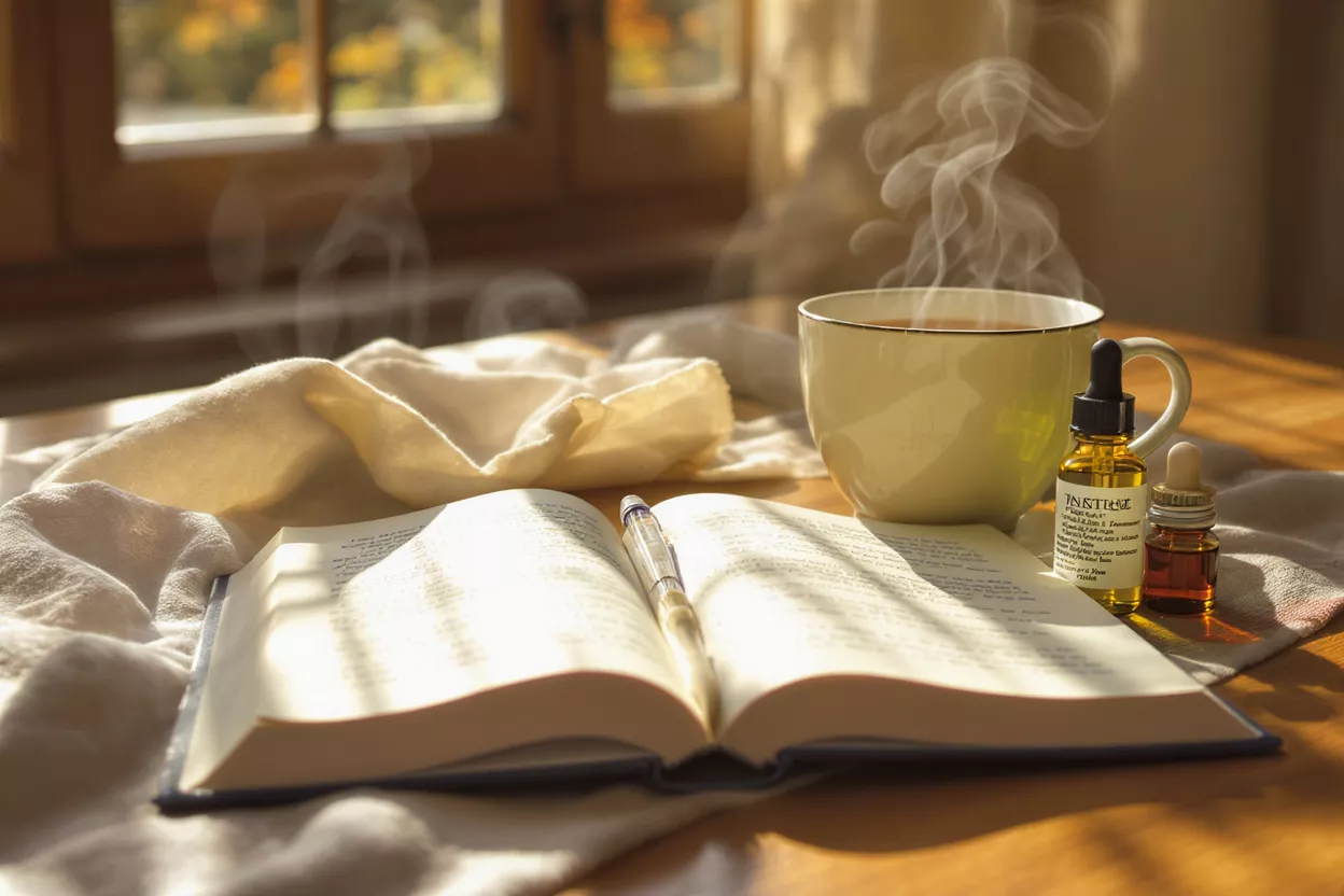 Steaming coffee, open book, and essential oil bottles on a sunlit table.