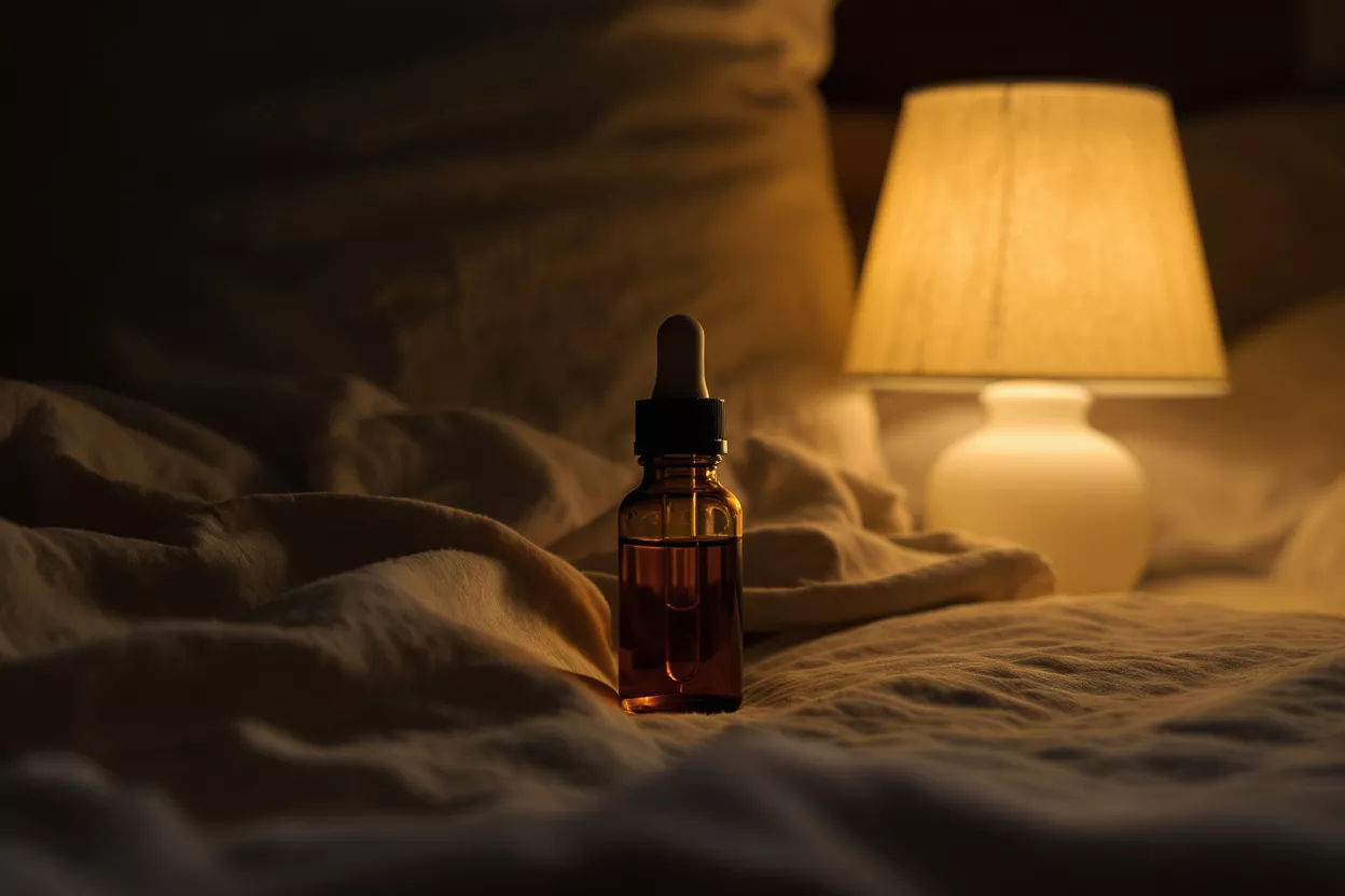 Amber dropper bottle on rumpled sheets next to a glowing bedside lamp.