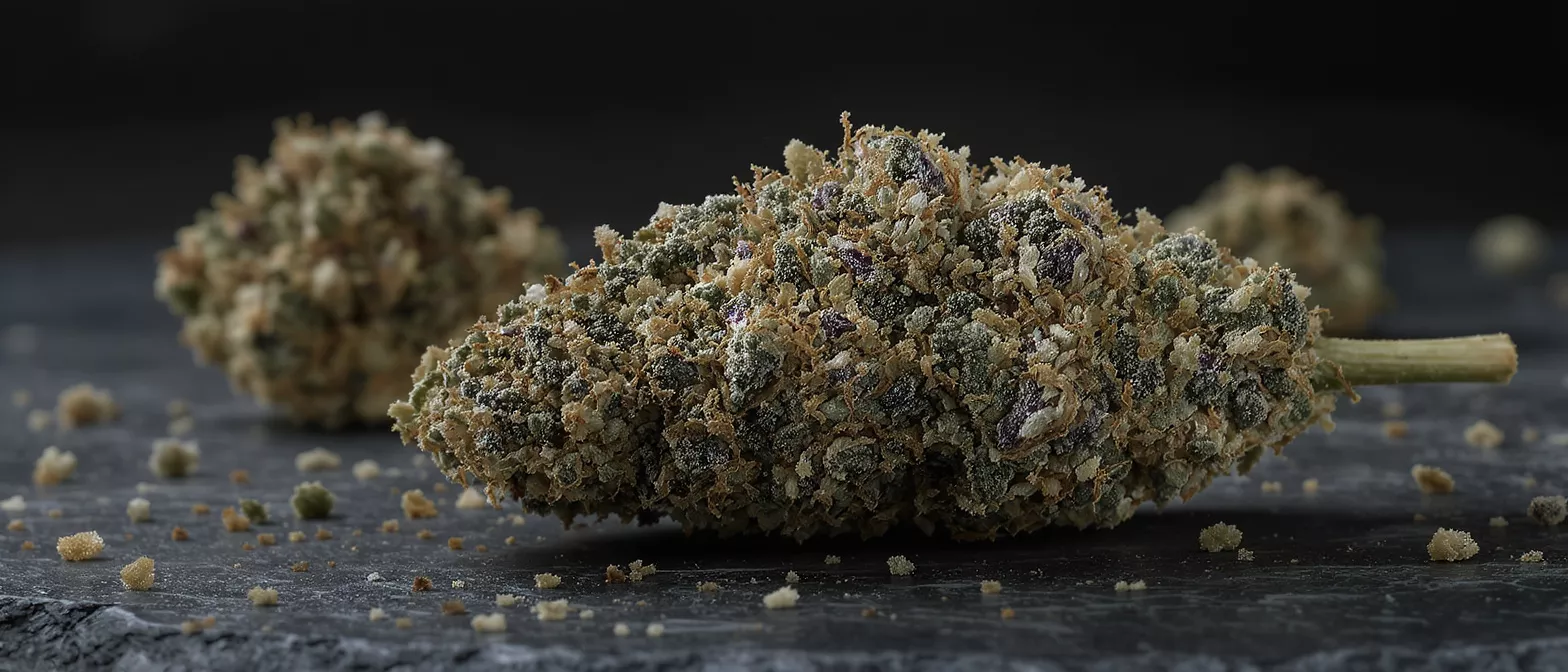 Close-up of a moon rock cannabis bud covered in kief on a dark surface.