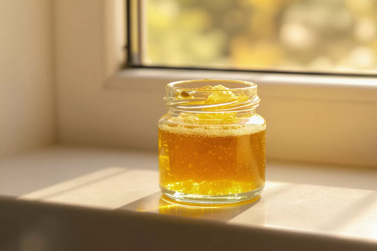A small glass jar of golden honey sits on a sunlit windowsill.