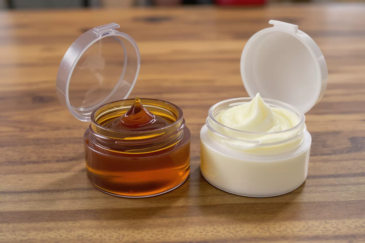Two open jars, one with honey, one with cream, on a wooden surface.