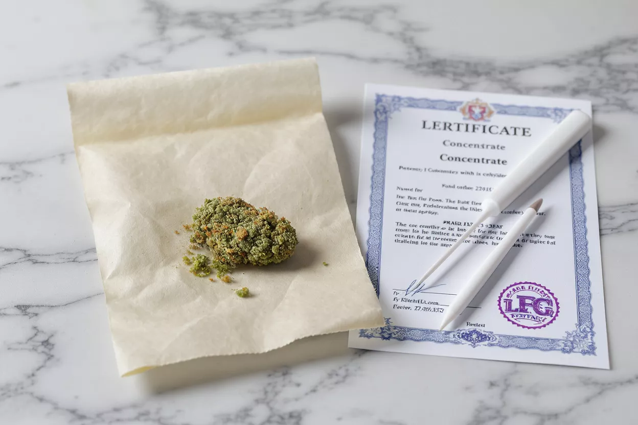 A cannabis bud on parchment paper next to a certificate and white tools.