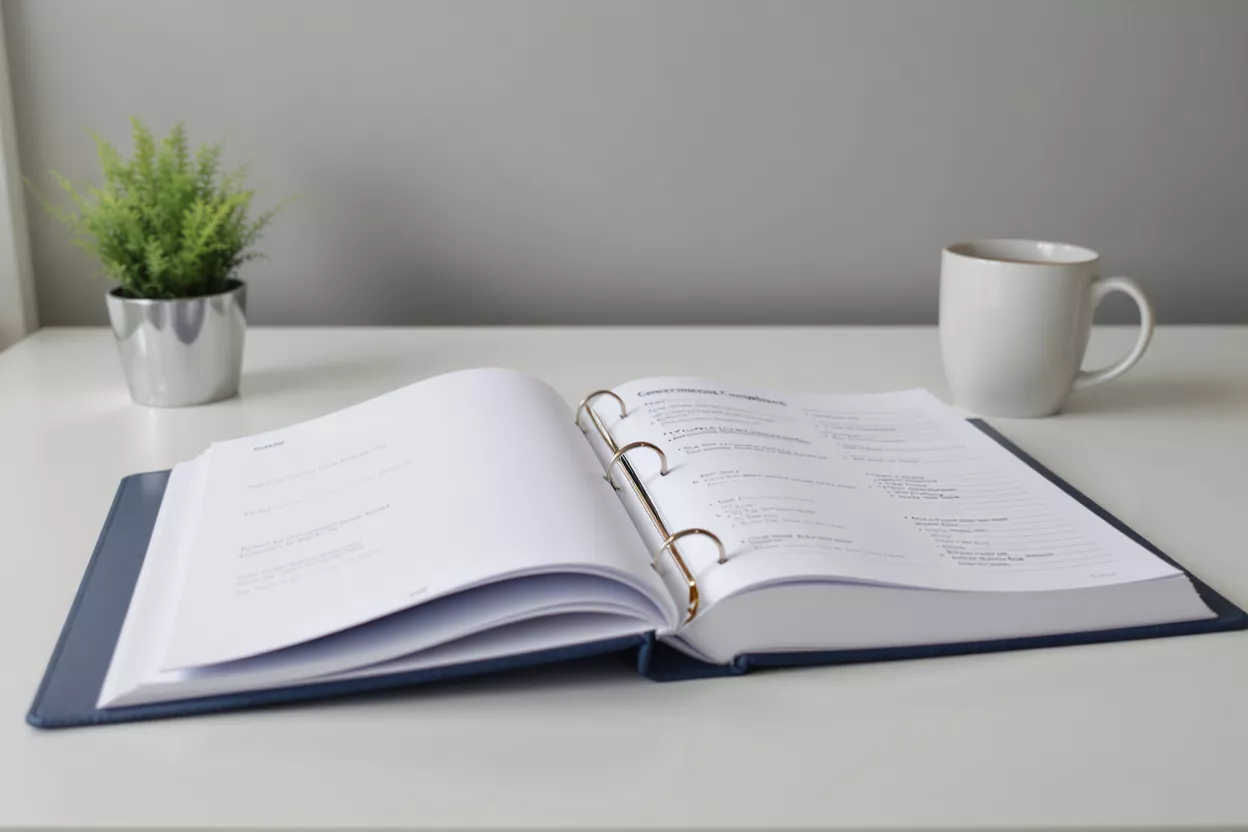 Open Binder on Desk An open three-ring binder with white pages, a plant, and a coffee mug on a white desk.
