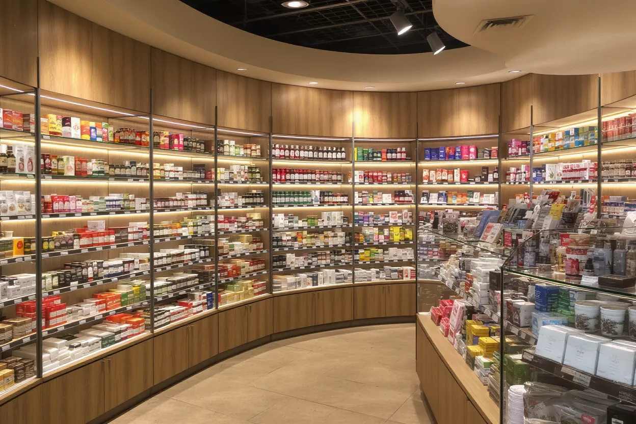 Curved Display Shelves in Store Interior of a store with curved wooden display shelves filled with various products.