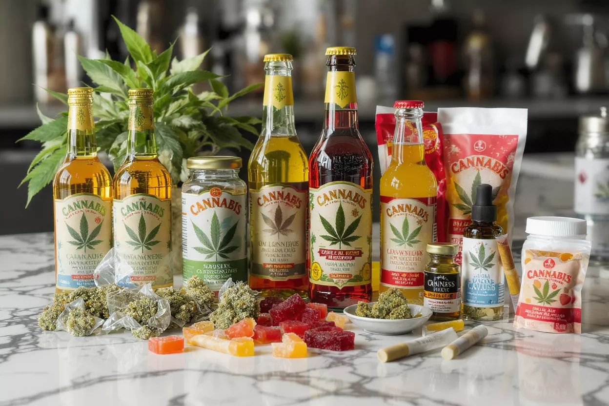 Assorted Cannabis Products and Edibles A variety of cannabis-infused products including beverages, edibles, and oils.