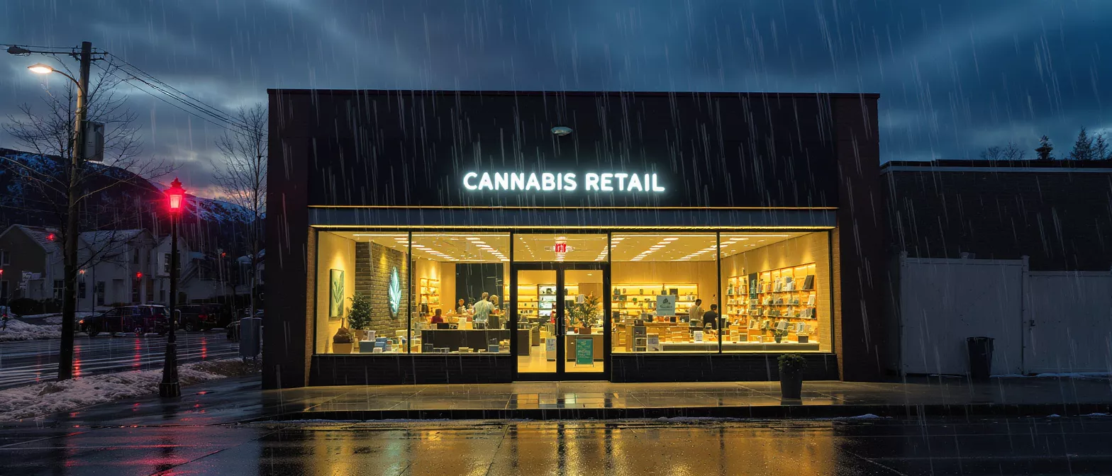 Cannabis Retail Store on Rainy Night A cannabis retail store illuminated at night during a rain shower.