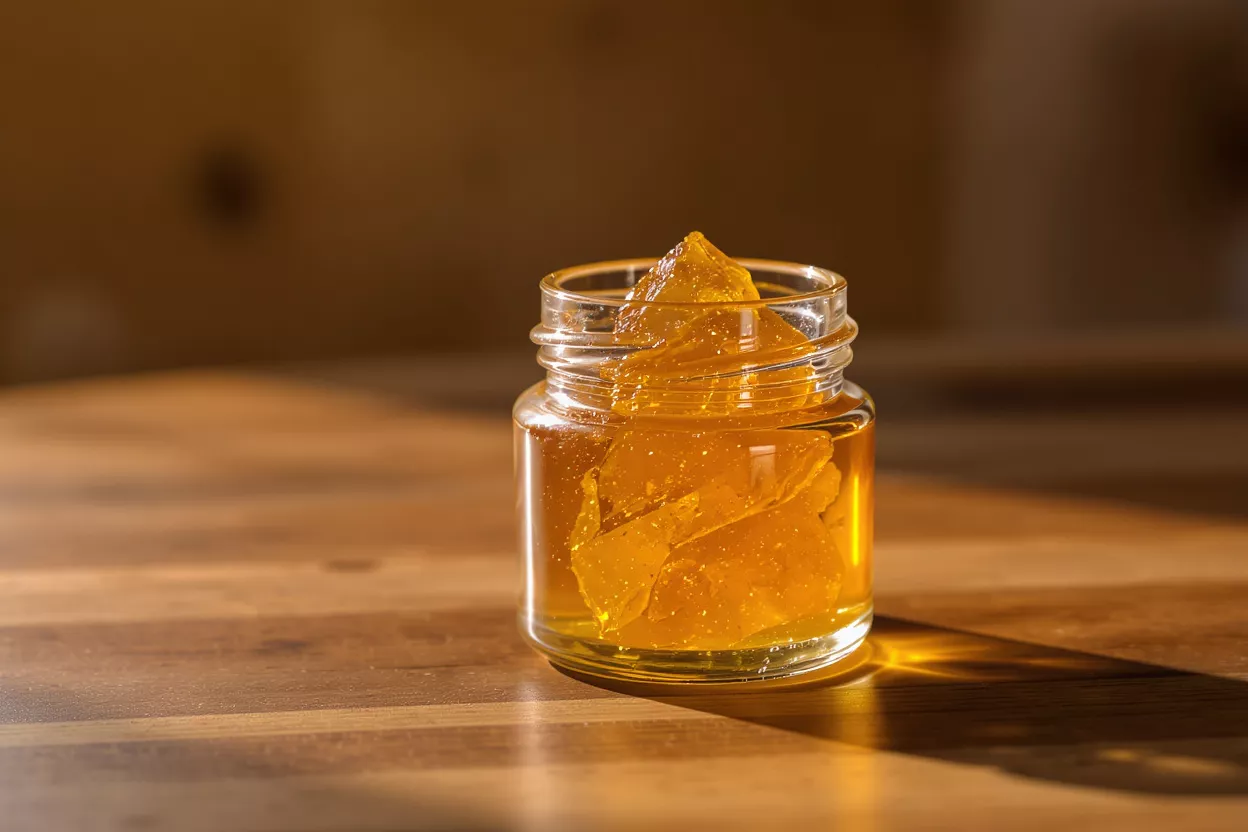 Close-up of golden cannabis shatter concentrate in a glass jar on a wooden table.