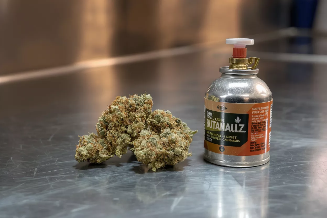 Three cannabis buds next to a small butane canister on a metallic surface.