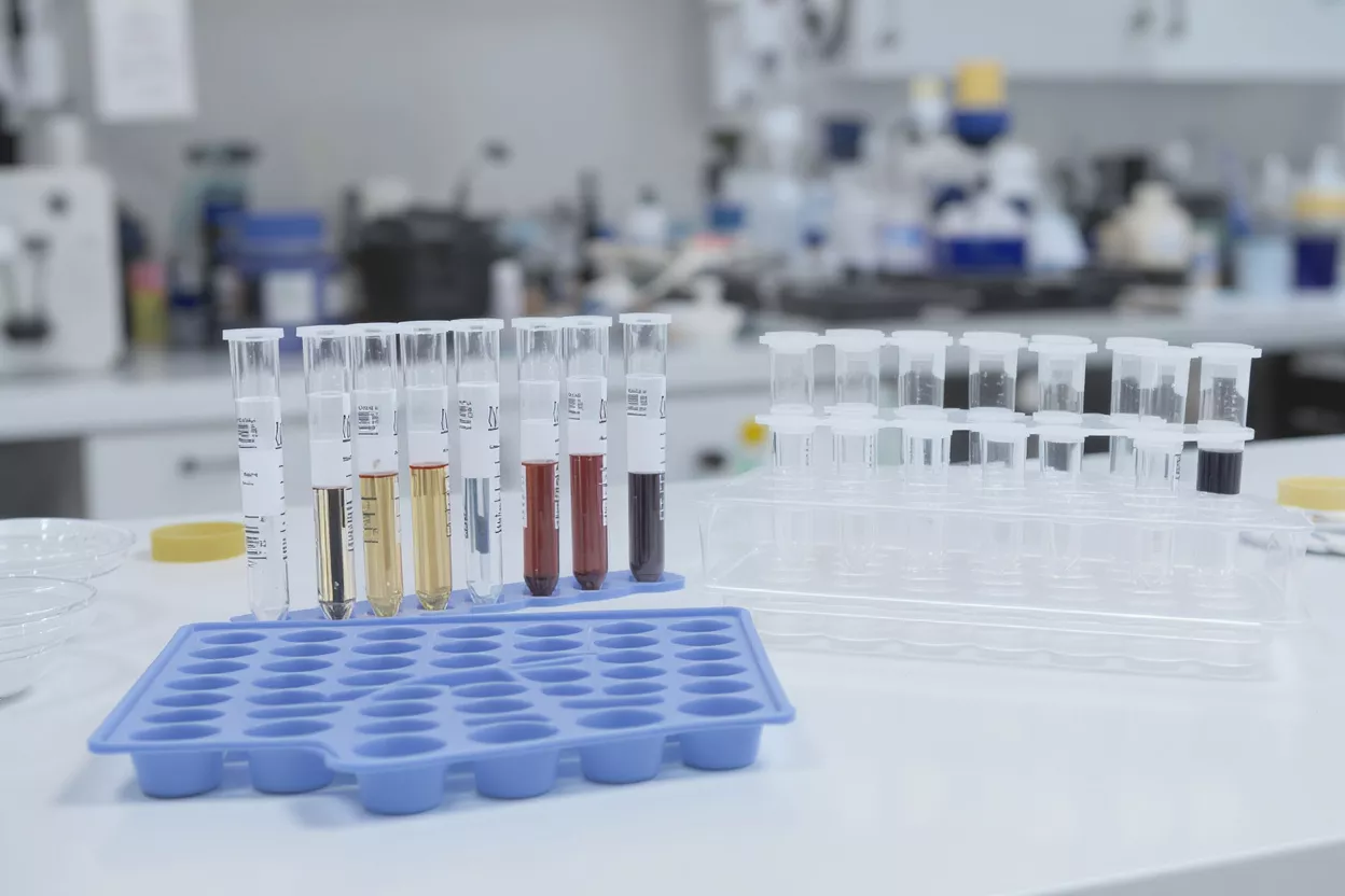 Various test tubes in racks containing different colored liquid samples in a laboratory setting.