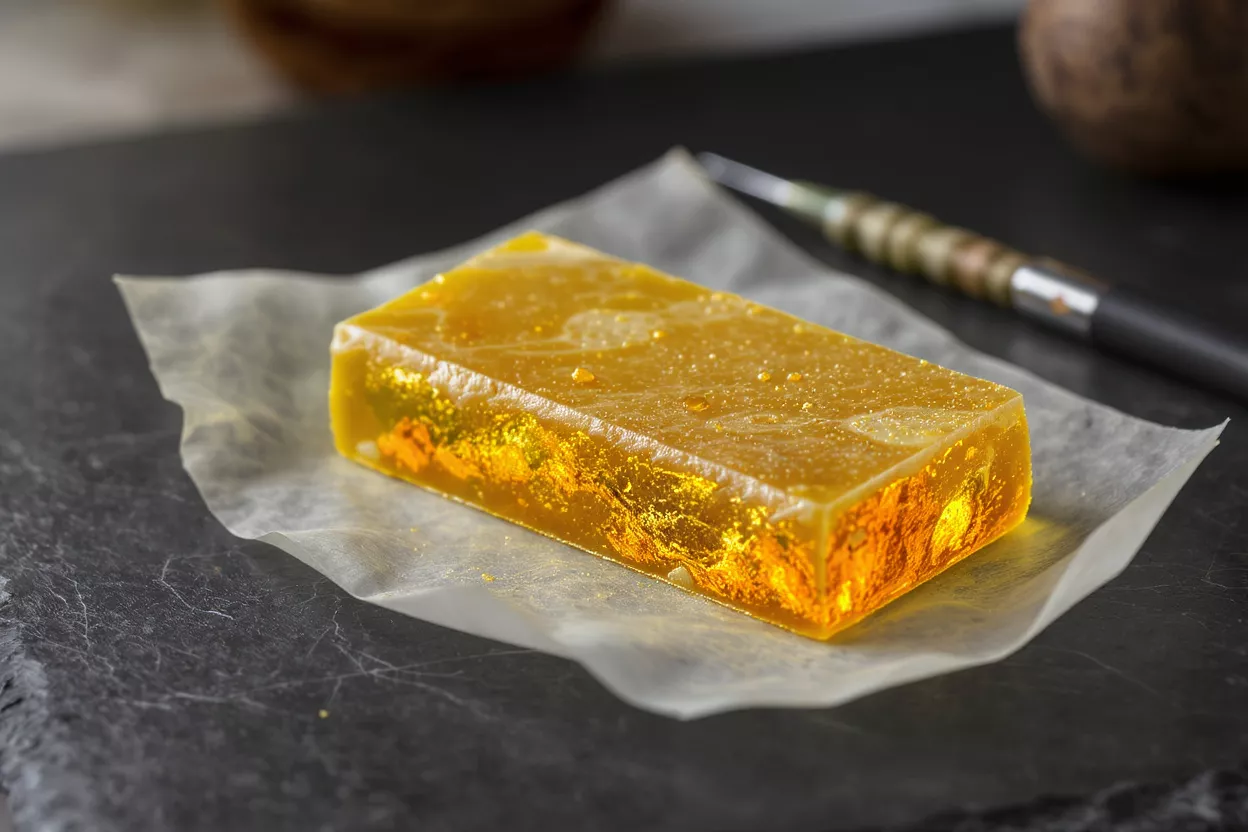 A rectangular slab of golden cannabis extract on parchment paper with a dab tool.