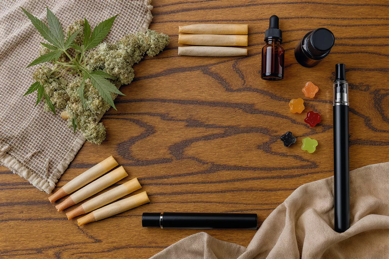 Produits de Cannabis Assortis en Vue de Dessus Fleurs de cannabis, joints préroulés, vaporisateurs, huile et bonbons sur une table en bois.