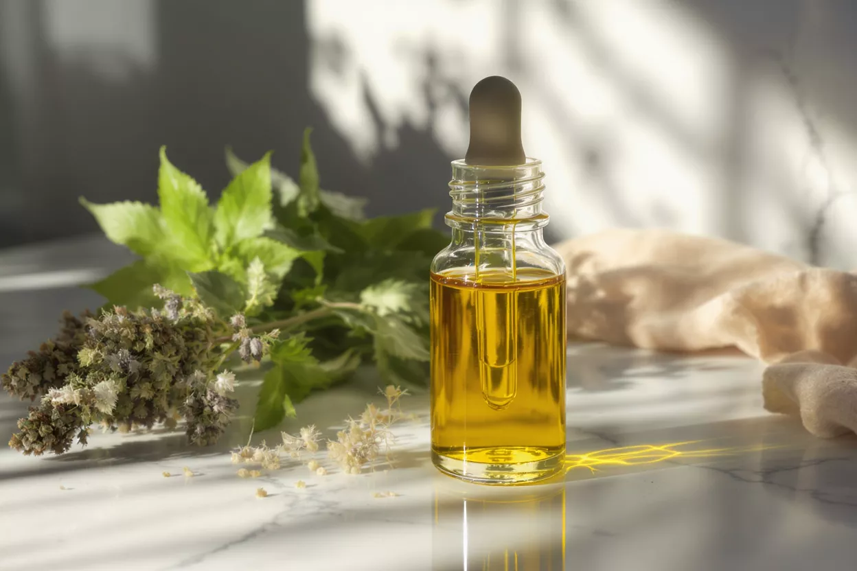 Huile Essentielle à l'Extrait de Basilic Une bouteille compte-gouttes d'huile essentielle dorée à côté de basilic frais et séché.