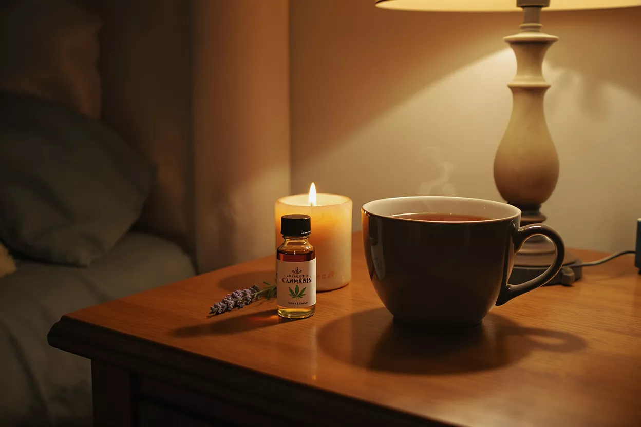 Configuration d'huile de cannabis relaxante au chevet Huile de cannabis, thé et bougie sur une table de nuit pour la relaxation.