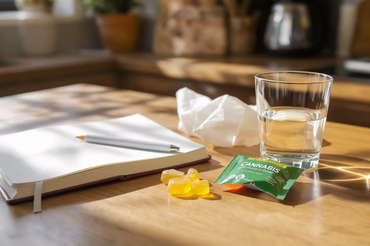 Bonbons au Cannabis pour le Bien-être Bonbons au cannabis, verre d'eau et carnet sur une table en bois ensoleillée.