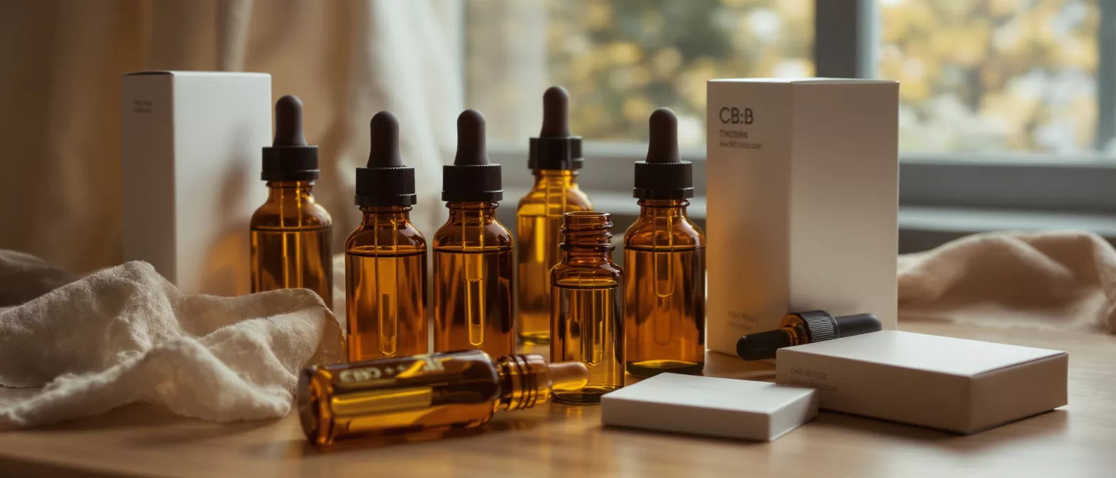 Amber glass dropper bottles with CBD oil and white packaging boxes on a wooden surface.