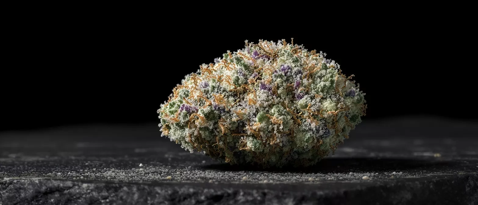 Close-up of a vibrant cannabis bud with trichomes on a dark surface.