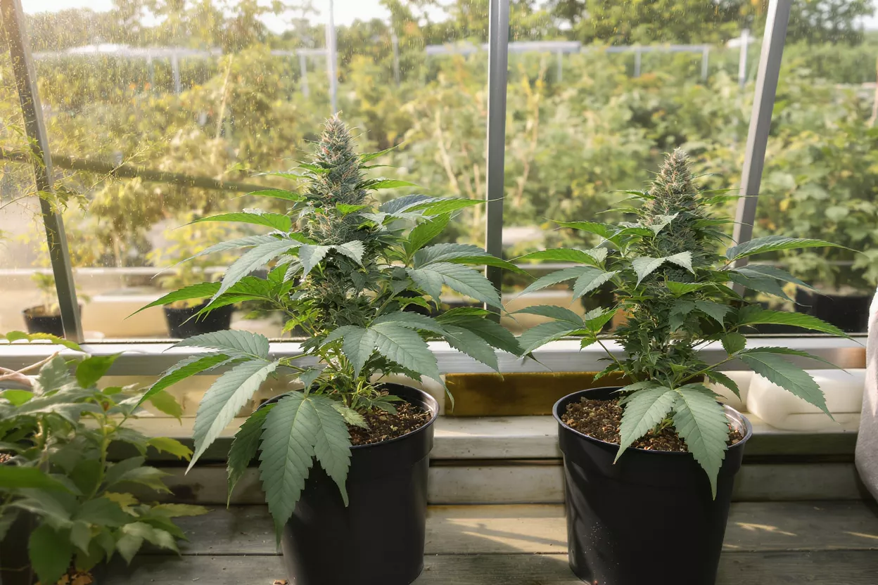 Two potted cannabis plants with large buds growing in a sunlit greenhouse.