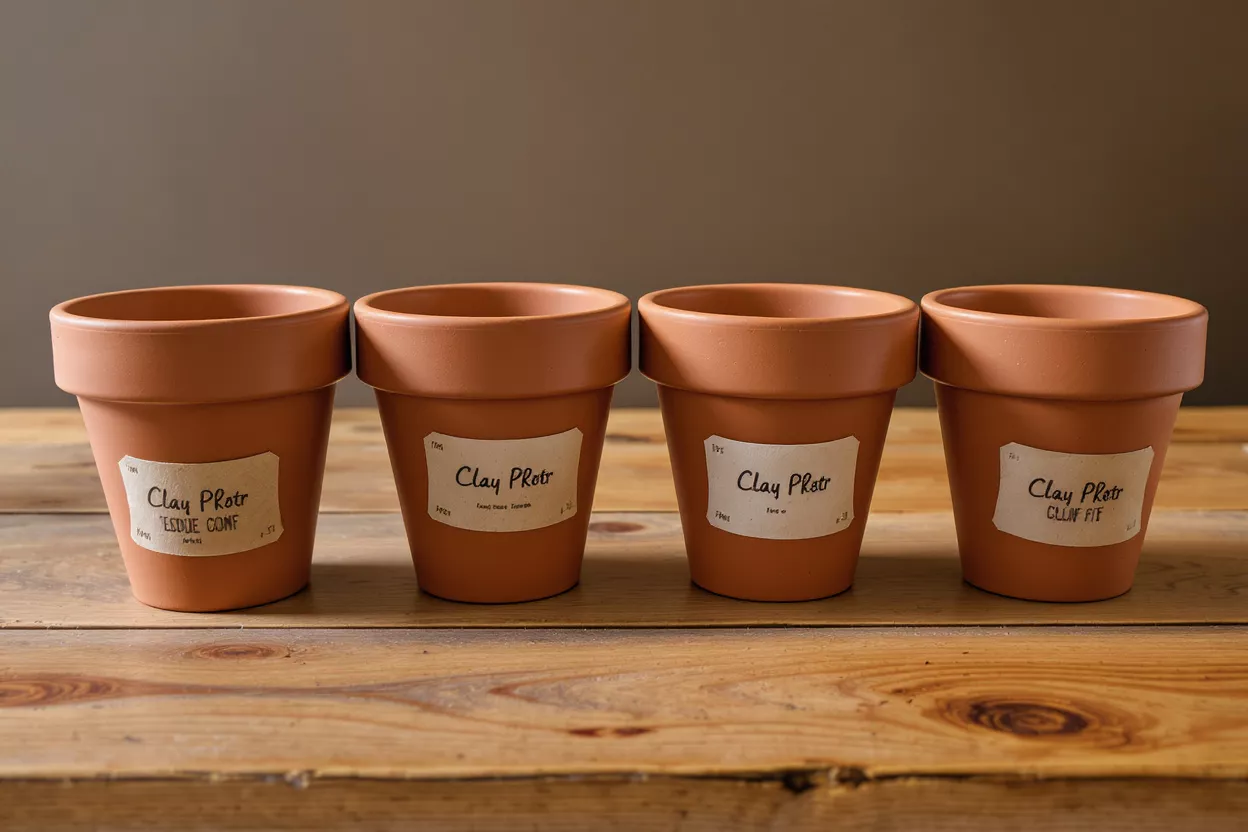 Four small terra cotta pots with labels on a rustic wooden table.