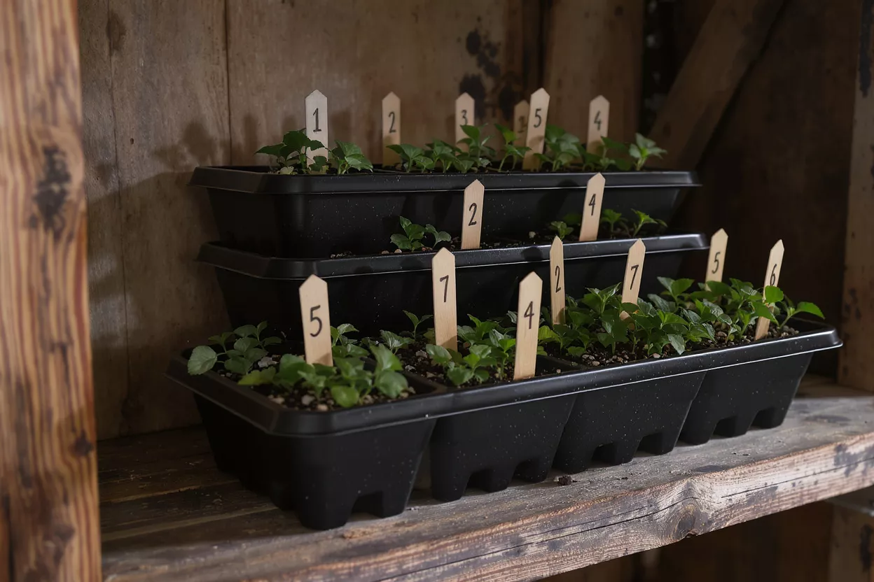 Three stacked black seedling trays with small green plants and numbered wooden markers.