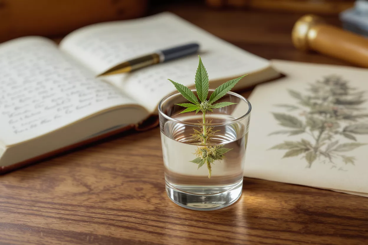A cannabis plant cutting in a glass of water on a wooden desk.