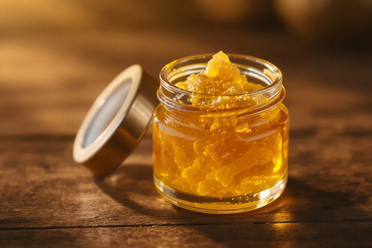 Un pequeño frasco de cristal lleno de concentrado de cannabis dorado sobre una superficie de madera.