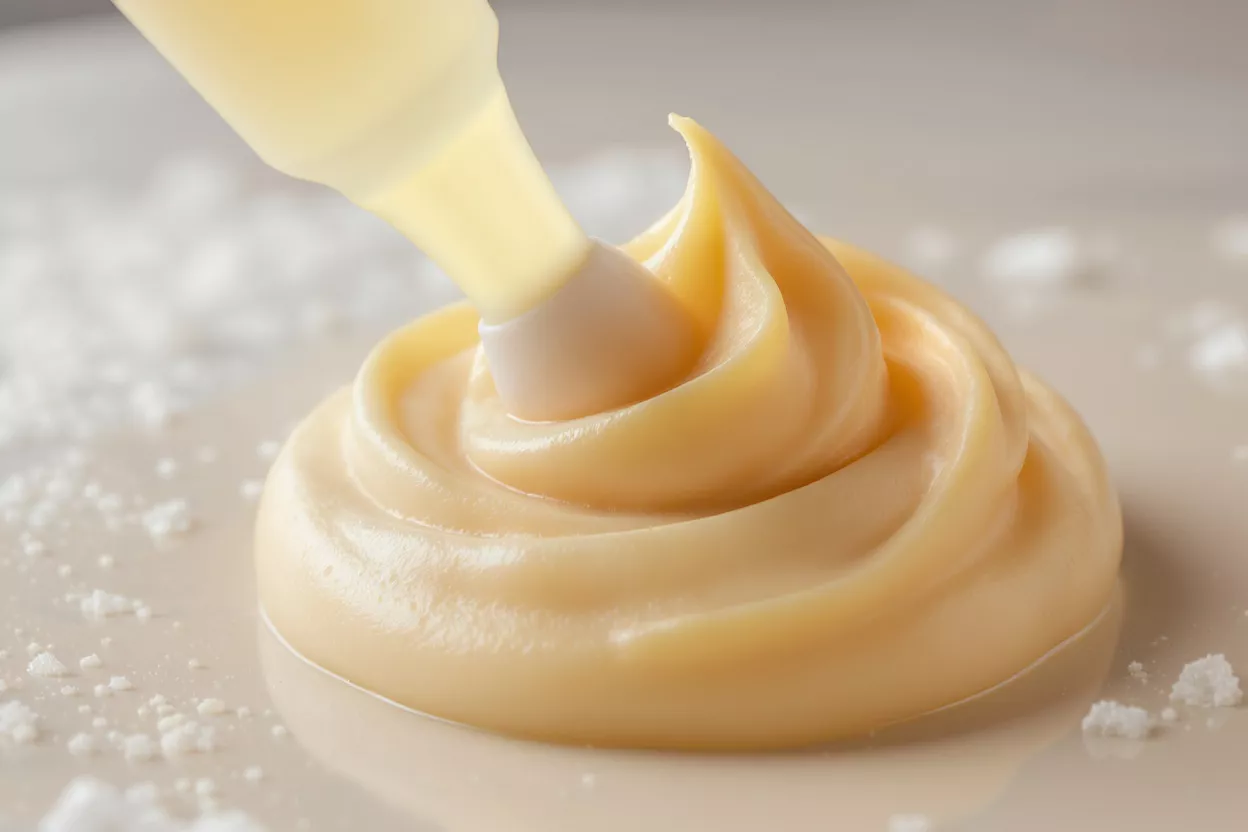 Primer plano de crema de vainilla siendo decorada sobre una superficie con azúcar en polvo.