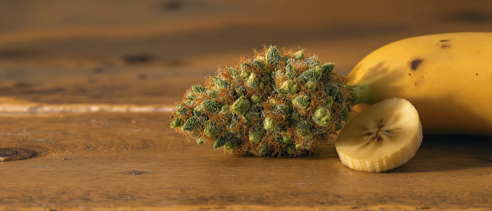 Close-up of a cannabis bud next to a banana and a banana slice on wood.