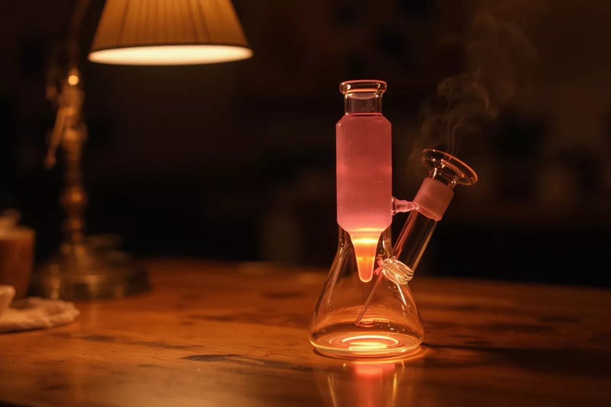 A clear glass bong with pink liquid glowing on a wooden table in a dimly lit room.