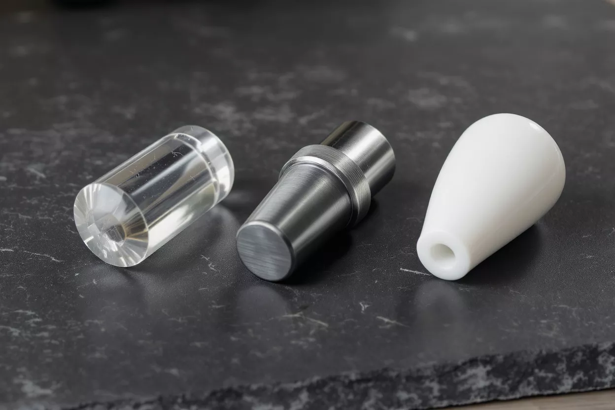 Three machined parts: clear acrylic, brushed metal, and white plastic on a dark surface.