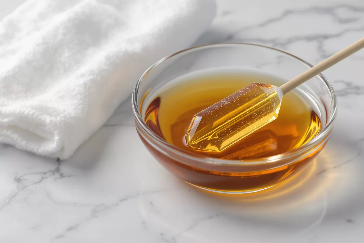 A clear bowl of golden sugaring wax with an applicator and a white towel.