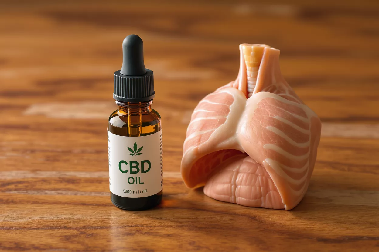 Frasco ámbar con gotero de aceite de CBD con hojas verdes de cáñamo sobre una superficie de madera.