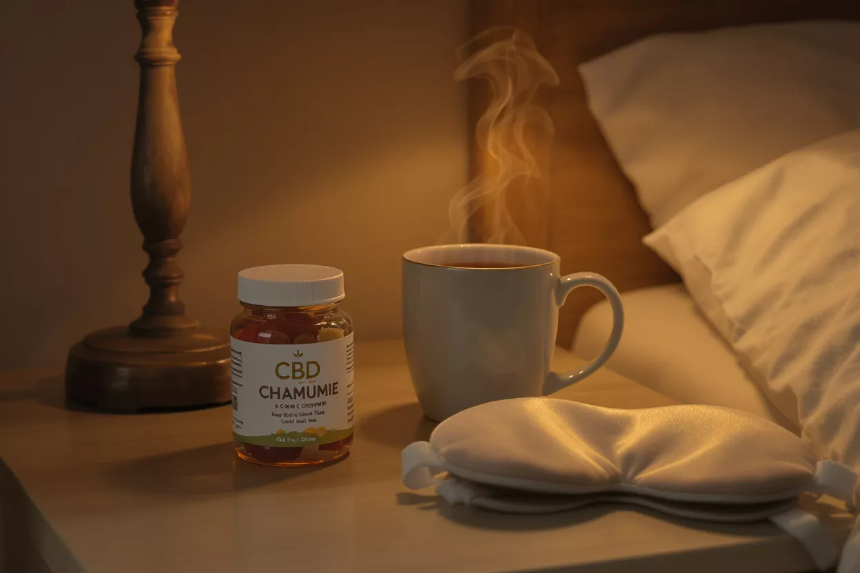 Varios productos CBD que incluyen aceites, gomitas, cápsulas y crema sobre una superficie de mármol.
