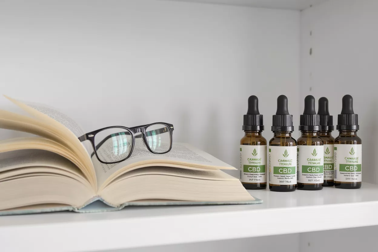 Frasco de aceite de CBD sobre cama con lámpara y lavanda, promoviendo el sueño.