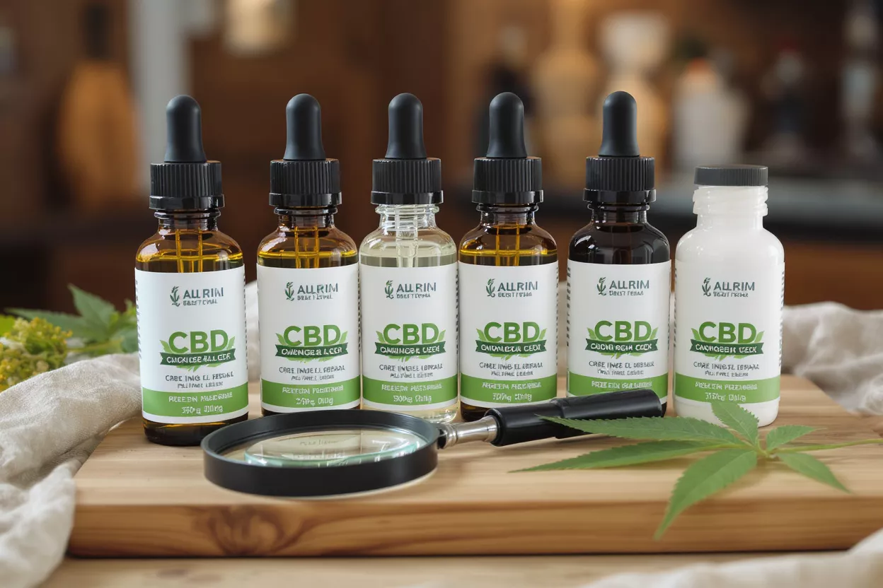 Seis botellas de aceite de CBD, una lupa y una hoja de cannabis sobre una tabla de madera.