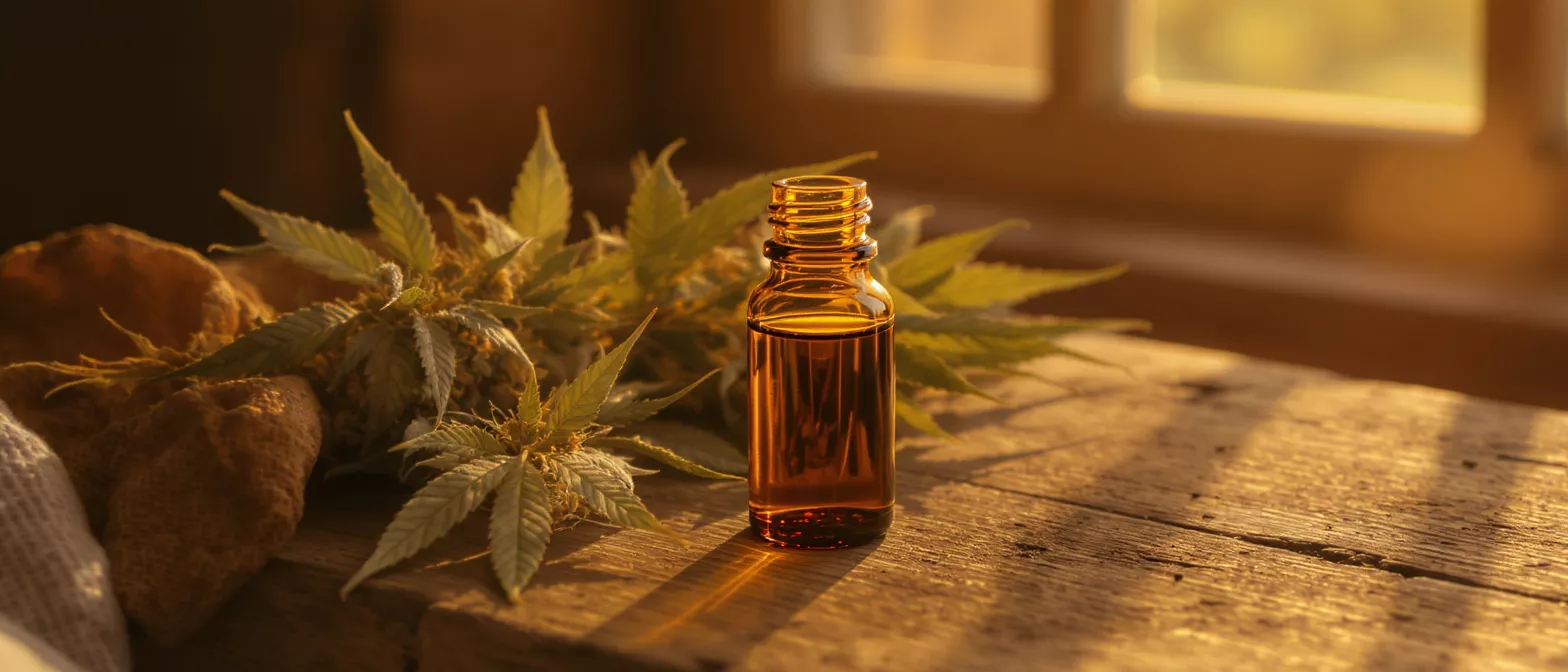 Amber bottle of CBD oil next to cannabis leaves on a rustic wooden table.