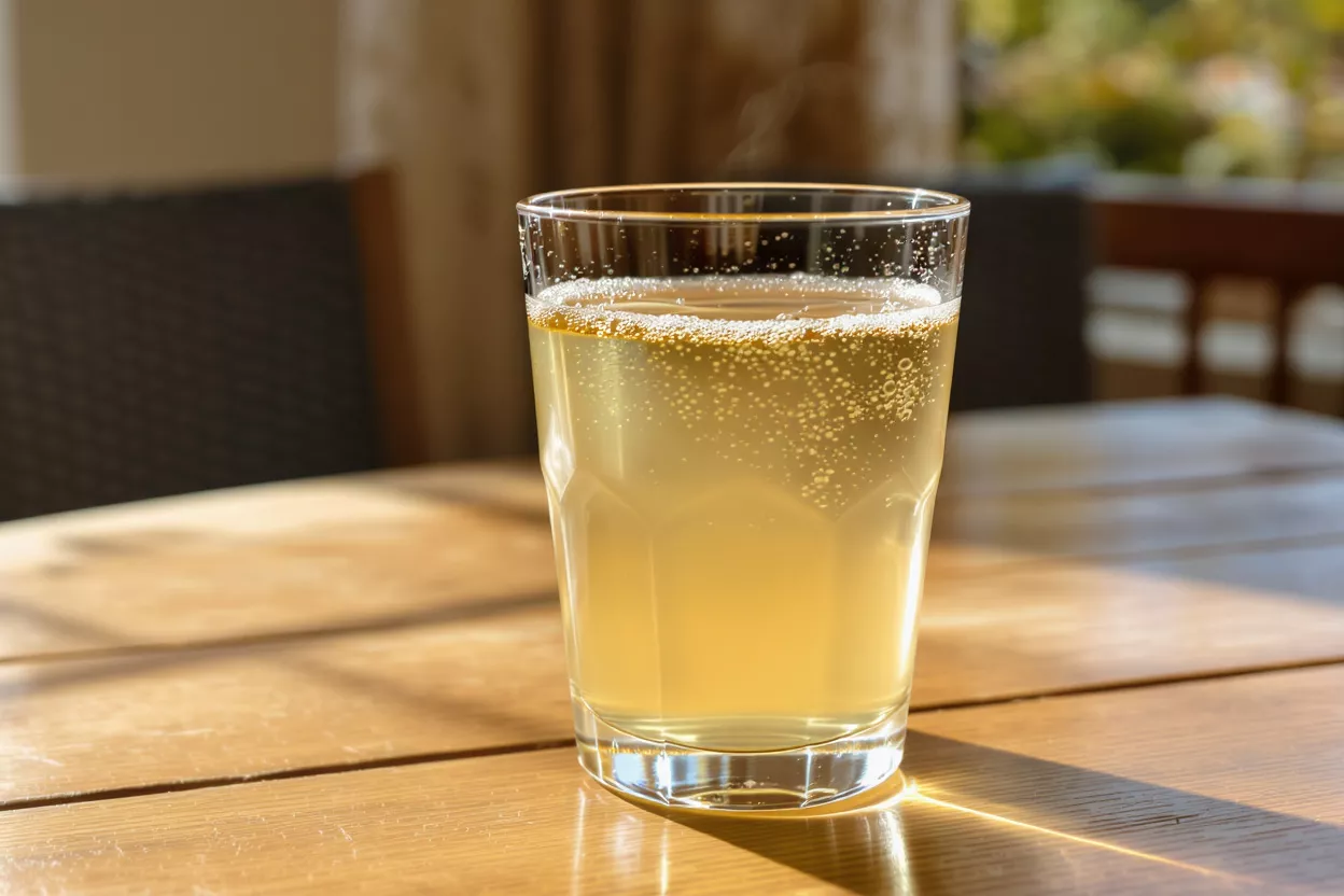 Bubbly Drink on Wooden Table A glass of bubbly, light yellow drink on a wooden table in sunlight.