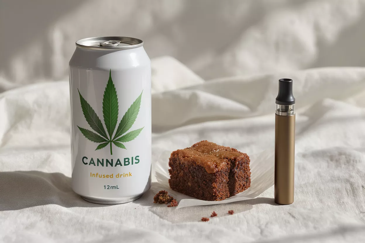 Cannabis Infused Products Cannabis drink, brownie, and vape pen on white fabric, bathed in sunlight.
