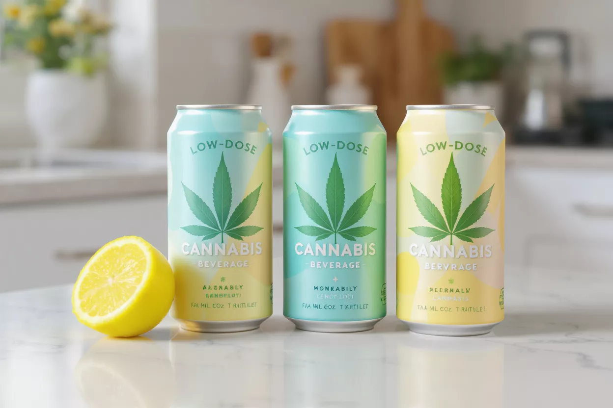 Low-Dose Cannabis Beverages Three colorful low-dose cannabis beverage cans with a lemon half on a white counter.