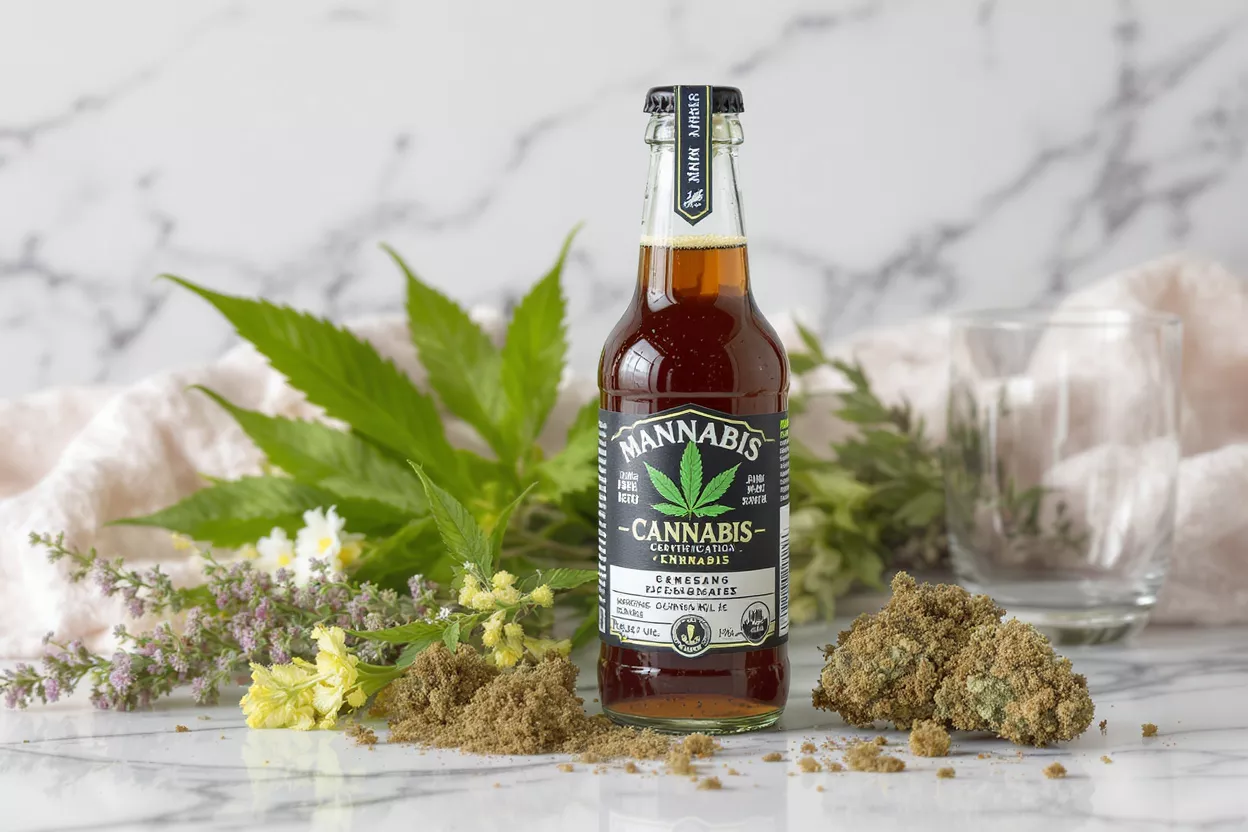 Mannabis Cannabis Drink Mannabis cannabis-certified drink bottle with cannabis leaves, flowers, and kief.