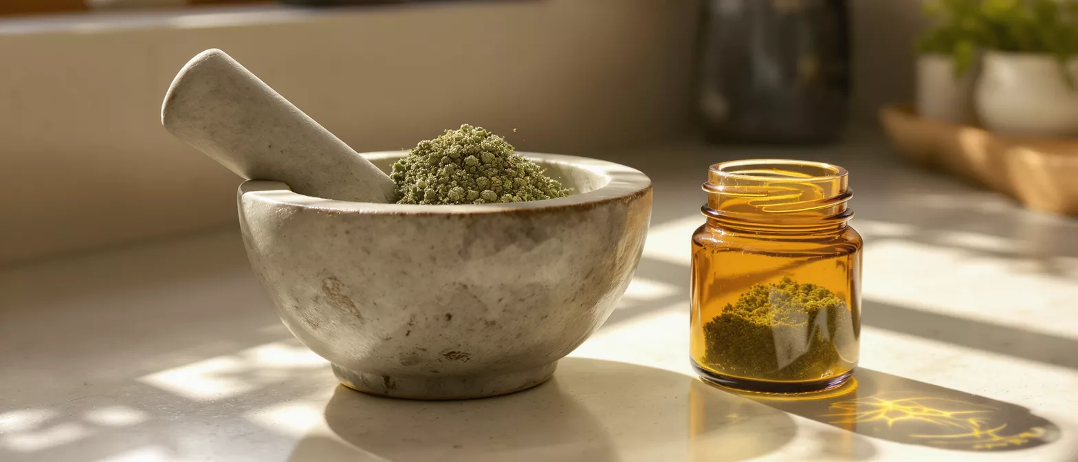 Green herbal powder in a mortar with pestle and an amber jar.