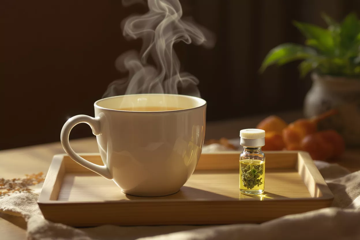 Tasse fumante avec flacon d'huile de CBD Une tasse blanche fumante de thé à côté d'un petit flacon d'huile de CBD sur un plateau en bois.