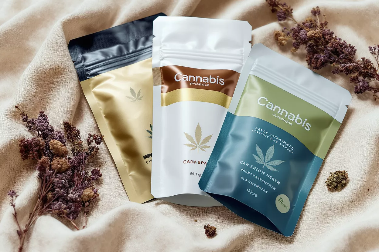 Pochettes de produits de cannabis Trois pochettes colorées de produits de cannabis avec des herbes séchées sur un tissu clair.