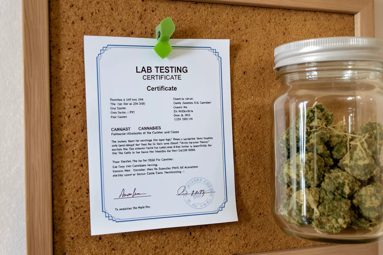 Certificat d'analyse de laboratoire de cannabis Certificat d'analyse de laboratoire de cannabis épinglé sur un tableau en liège à côté d'un bocal de cannabis.