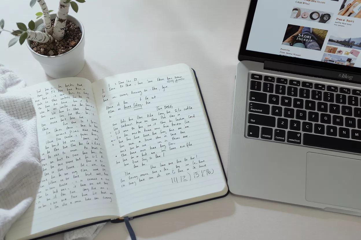 Configuration de Télétravail Un carnet avec des notes manuscrites à côté d'un ordinateur portable ouvert et d'une petite plante.