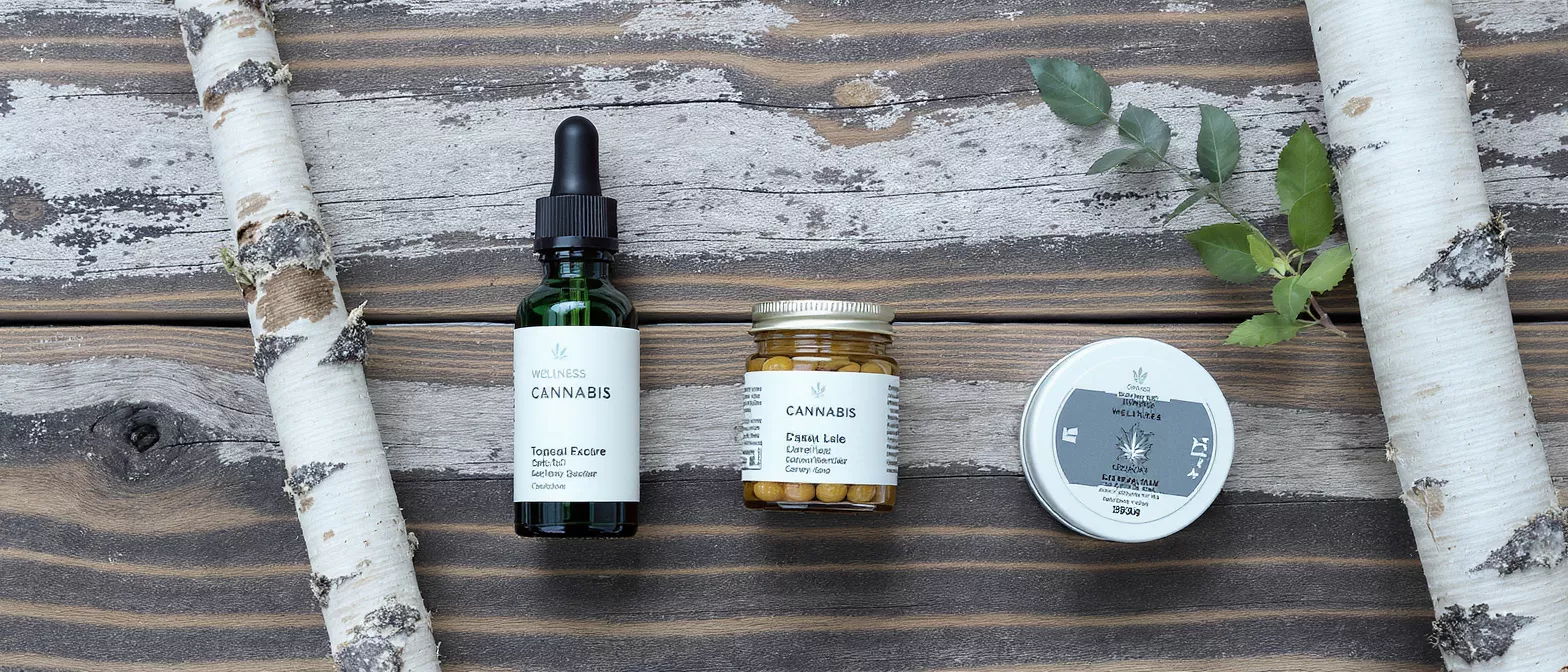 Cannabis Wellness Products on Wood Three cannabis wellness products on a rustic wooden surface with birch branches.