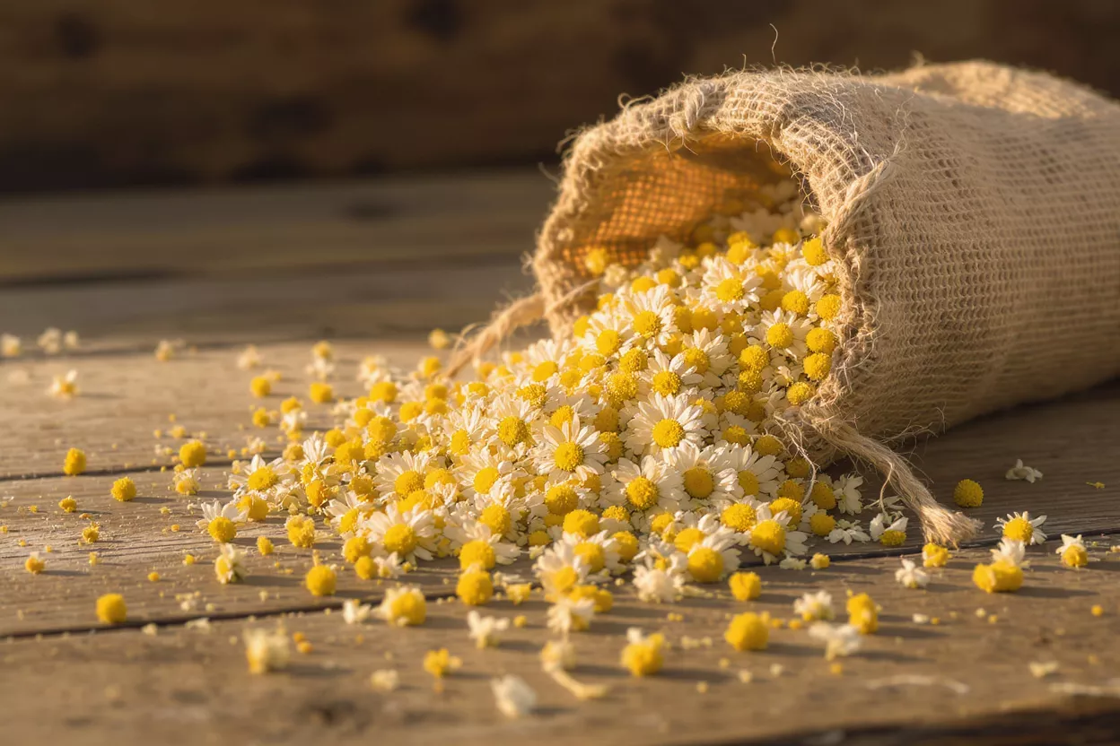 A jute bag spilling fresh chamomile flowers onto a rustic wooden table in warm sunlight.