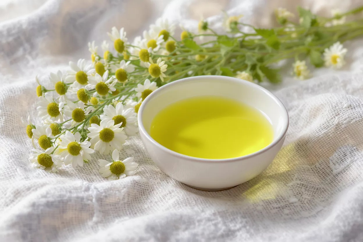 A white bowl of yellow chamomile oil next to fresh chamomile flowers on white fabric.