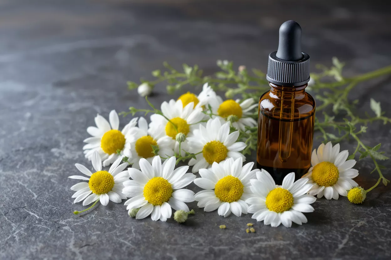 Amber dropper bottle with chamomile flowers on a dark background.
