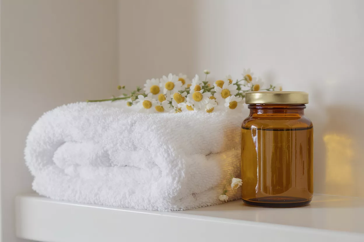 White towel with chamomile flowers and amber essential oil bottle on a shelf.